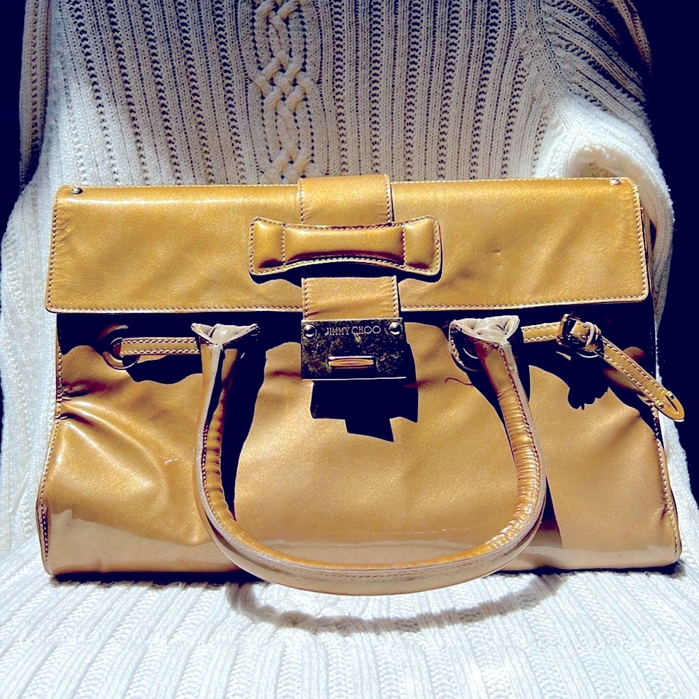 Jimmy Choo Metallic Patent Calfskin Large Rosalie Satchel Gold